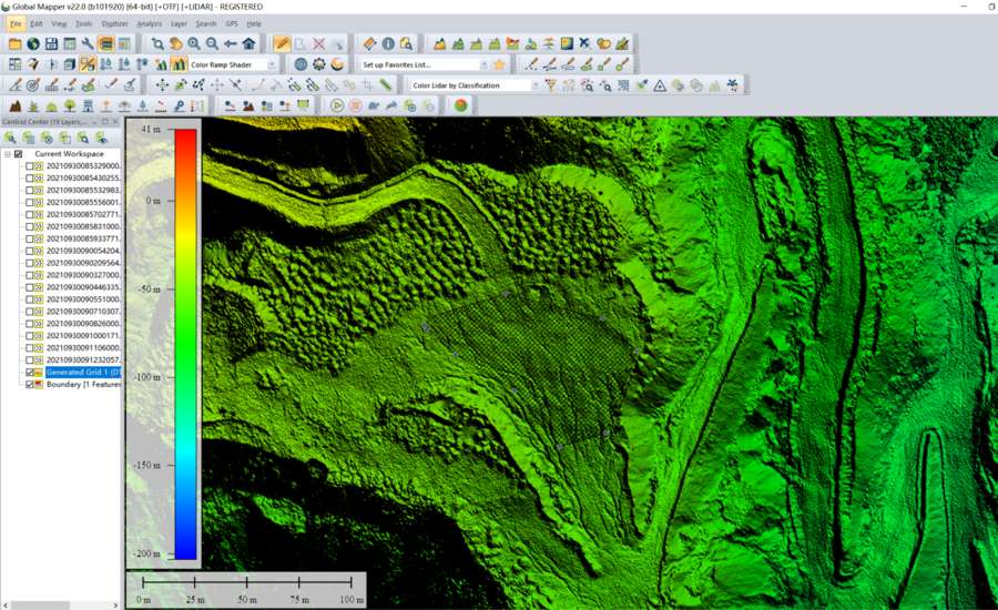 图5。Global Mapper软件中采矿现场的体积计算过程。