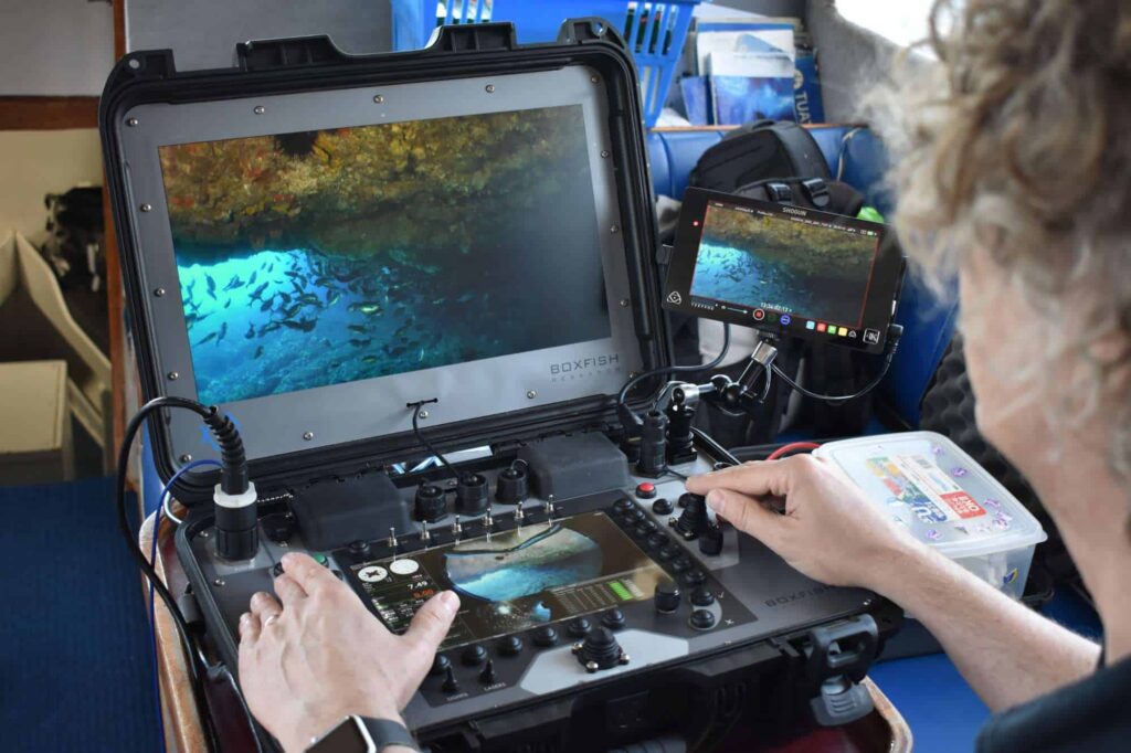 检查ROV机器人-带有鱼的控制台面板